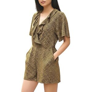 Cotton On Geometric Romper Black and Yellow Ruffled Neckline Pockets Size Medium